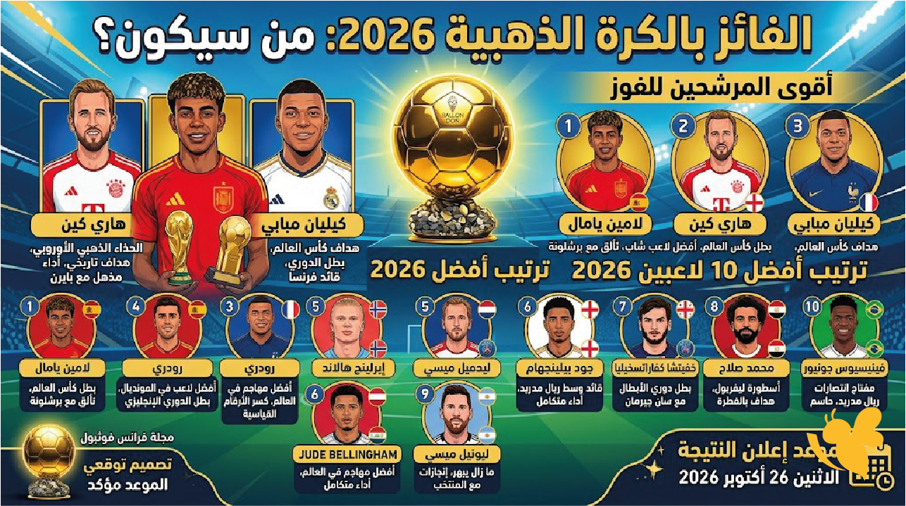 من يفوز بالكرة الذهبية 2026؟ ترتيب أفضل 10 لاعبين وموعد إعلان النتيجة