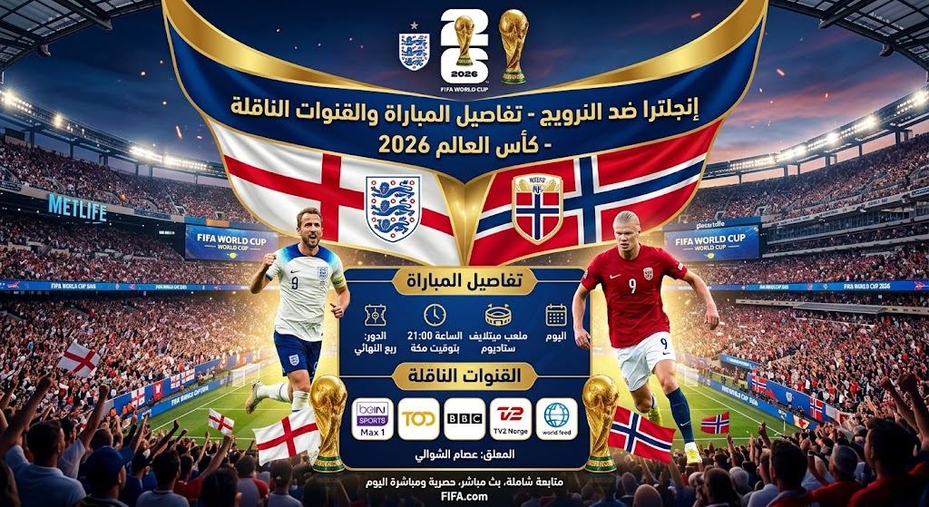 إنجلترا ضد النرويج تفاصيل المباراة والقنوات الناقلة في كأس العالم 2026 إنجلترا ضد النرويج تفاصيل المباراة والقنوات الناقلة في كأس العالم 2026