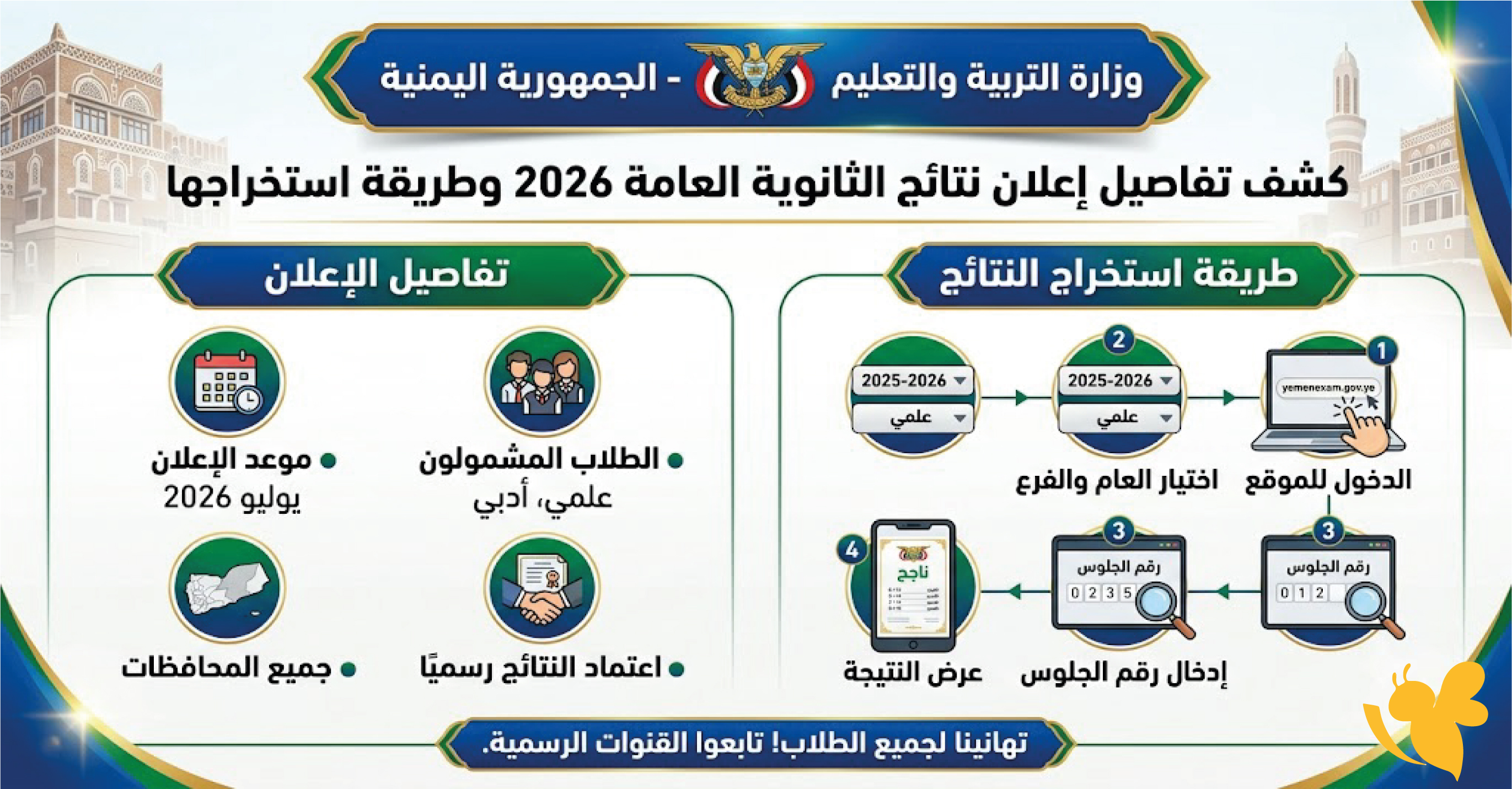 وزارة التربية اليمنية تكشف تفاصيل إعلان نتائج الثانوية العامة 2026 وطريقة استخراجها وزارة التربية اليمنية تكشف تفاصيل إعلان نتائج الثانوية العامة 2026 وطريقة استخراجها
