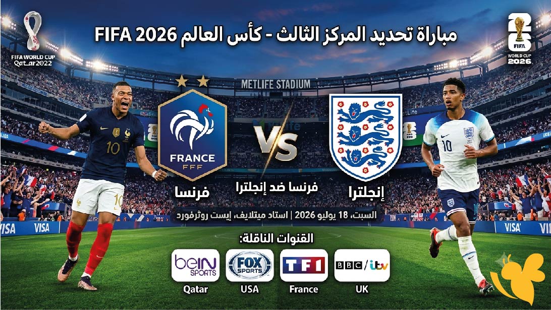 موعد مباراة فرنسا ضد إنجلترا لتحديد المركز الثالث بكأس العالم 2026 والقنوات الناقلة موعد مباراة فرنسا ضد إنجلترا لتحديد المركز الثالث بكأس العالم 2026 والقنوات الناقلة
