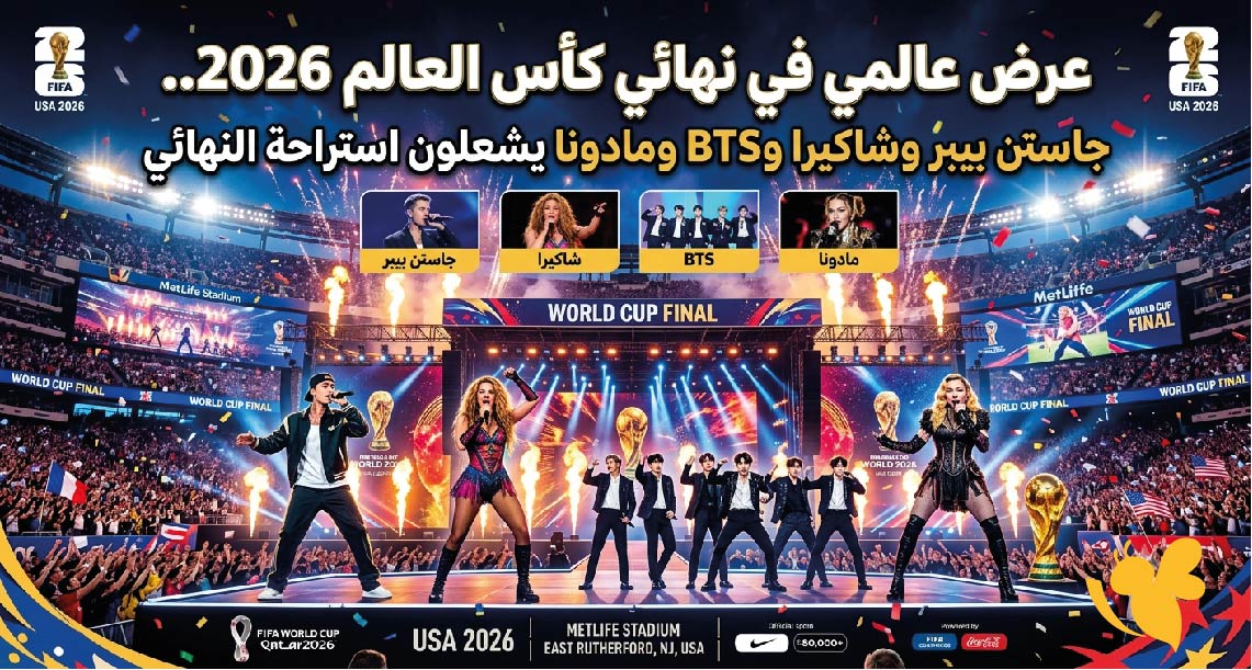 عرض عالمي في نهائي كأس العالم 2026.. جاستن بيبر وشاكيرا وBTS ومادونا يشعلون استراحة النهائي عرض عالمي في نهائي كأس العالم 2026.. جاستن بيبر وشاكيرا وBTS ومادونا يشعلون استراحة النهائي