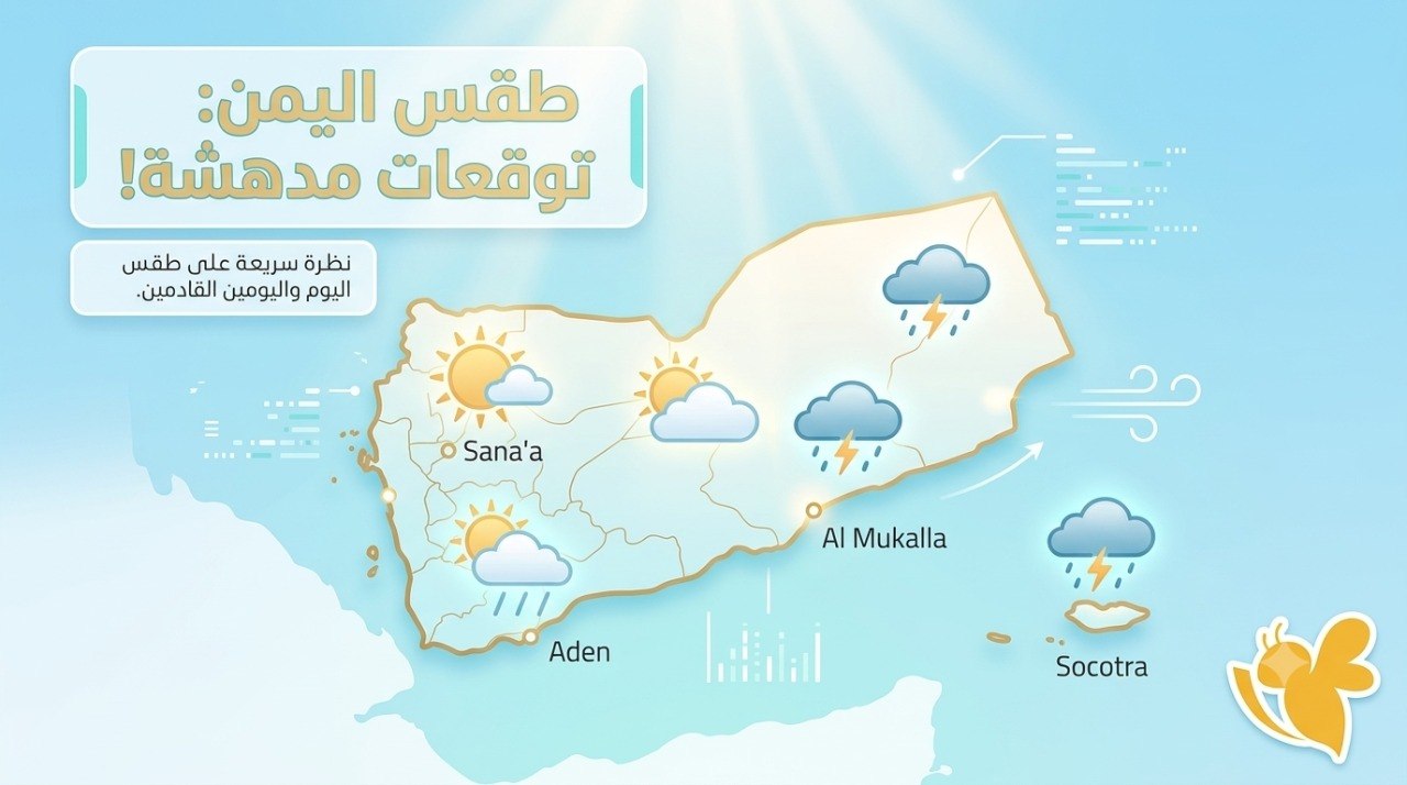 طقس اليمن اليوم.. أمطار رعدية على المرتفعات وحرارة تتجاوز 43 درجة في المناطق الصحراوية طقس اليمن اليوم.. أمطار رعدية على المرتفعات وحرارة تتجاوز 43 درجة في المناطق الصحراوية