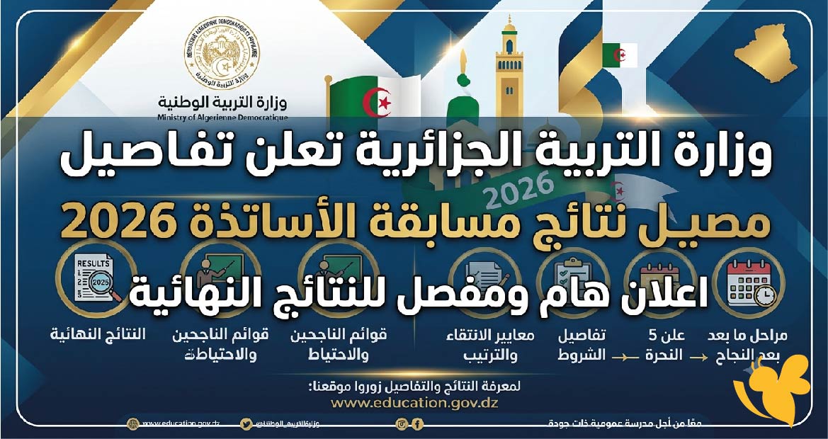 تعلن وزارة التربية الجزائرية تفاصيل نتائج مسابقة الأساتذة 2026 وطريقة استخراج النتيجة تعلن وزارة التربية الجزائرية تفاصيل نتائج مسابقة الأساتذة 2026 وطريقة استخراج النتيجة