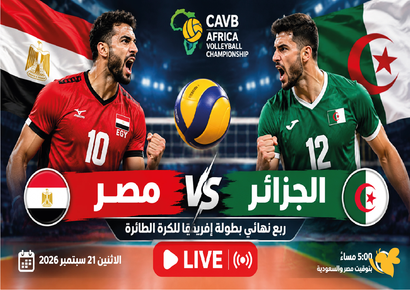 مصر ضد الجزائر اليوم.. بث مباشر لمباراة ربع نهائي إفريقيا لكرة الطائرة