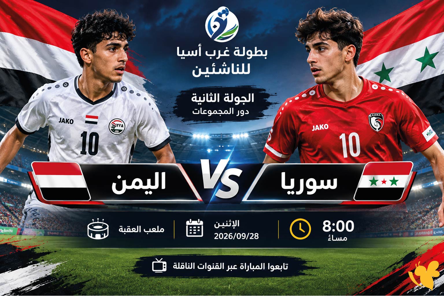 ترقبوا بث مباشر لمباراة سوريا واليمن اليوم&nbsp;في بطولة غرب آسيا للناشئين 2026